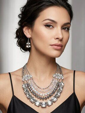 ALI KHAN five row swag necklace in faceted crystal matching earring set